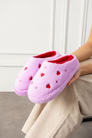 Hartin Lila Kalp Nakış Desenli Peluş Kadın Sessiz Taban Ev Terliği
