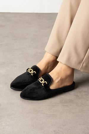 Lunor Siyah Kısa Tüylü Elegant Nişan Çeyiz Bohça Misafir Ev Terliği