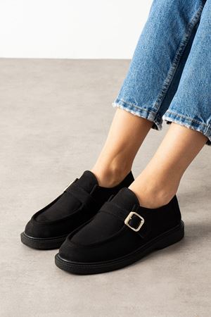 Loriva Siyah Süet Kemerli Gold Tokalı Kalın Saraç Detaylı Loafer Babet Günlük Ayakkabı