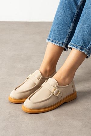 Loriva Bej Süet Kemerli Gold Tokalı Kalın Saraç Detaylı Loafer Babet Günlük Ayakkabı