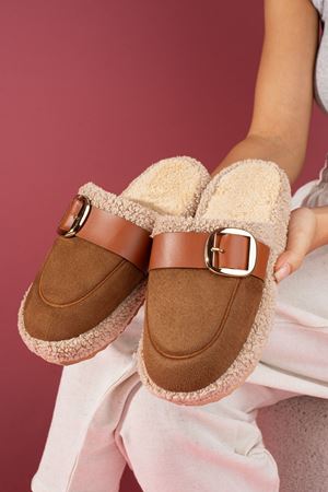 Puffita Taba Gold Tokalı Kemerli Saraç Detaylı Sessiz Taban Ev Terliği