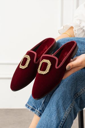 Mersel Bordo Gold Kare Aksesuarlı Elegant Ev Terliği