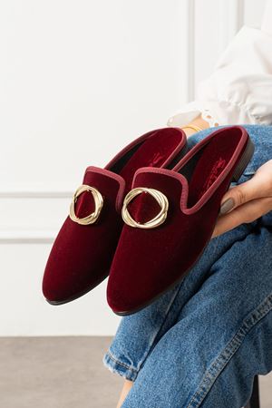 Dorya Bordo Gold Tokalı Kadife Dokulu Elegant Nişan Çeyiz Bohça Misafir Ev Terliği