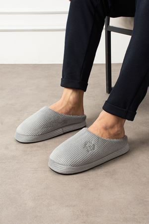 Atina Erkek  Gri Çizgi Şerit Desenli Önü Kapalı Ev Terliği 