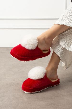 Poffina Kırmızı Beyaz Ponponlu Saraç Detaylı Sessiz Taban Ev Terliği