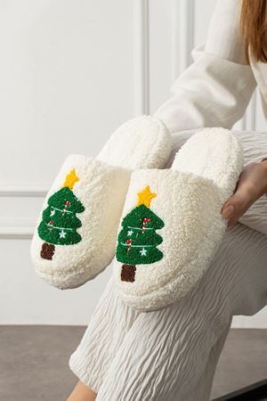 Pinello Beyaz Noel Ağacı Kabartma Nakışlı Sessiz Taban Yılbaşı Hediyelik Panduf Ev Terliği