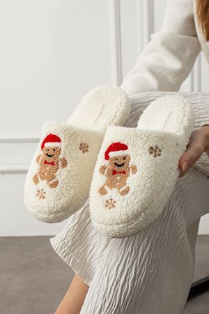 Pinello Beyaz Kurabiye Kabartma Nakışlı Sessiz Taban Yılbaşı Hediyelik Panduf Ev Terliği