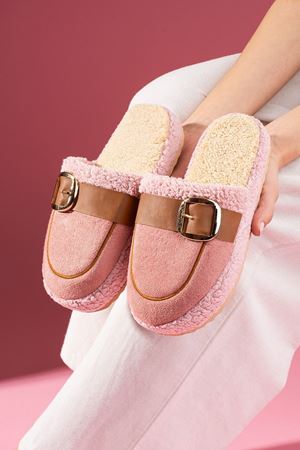 Puffita Pudra Gold Tokalı Kemerli Saraç Detaylı Sessiz Taban Ev Terliği