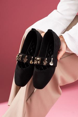 Melora Siyah Süet Gold Nota Aksesuar Bantlı Babet