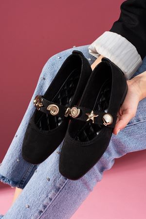 Marina Siyah Süet Deniz Kabuğu Yıldız Aksesuar Bantlı Babet