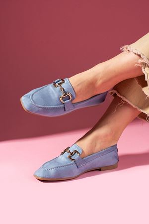 Arven Bebe Mavisi Süet Saraçlı Gold Tokalı Loafer Babet