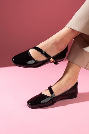 Olivia Siyah Rugan Gold Damla Aksesuarlı İnce Bantlı Babet