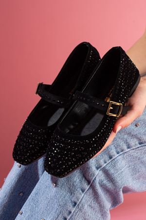 Renata Siyah Süet Taş İşlemeli Gold Tokalı Kemer Bantlı Babet