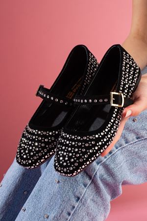 Renata Siyah Süet Kristal Taş İşlemeli Gold Tokalı Kemer Bantlı Babet