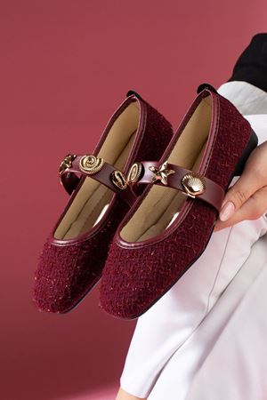 Veneta Bordo Simli Kumaş Deniz Kabuğu Yıldız Aksesuar Bantlı Babet