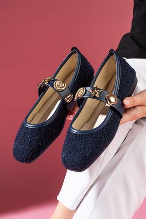 Veneta Lacivert Simli Kumaş Deniz Kabuğu Yıldız Aksesuar Bantlı Babet