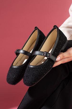 Camelia Siyah Simli Kumaş Nikel Tokalı Kemer Bantlı Babet