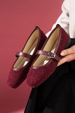 Camelia Bordo Simli Kumaş Nikel Tokalı Kemer Bantlı Babet