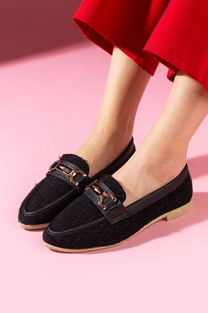 Cassia Siyah Simli Kumaş Gold Zincir Aksesuarlı Loafer Babet