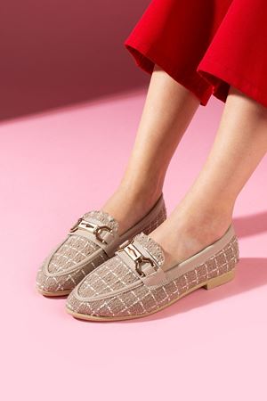 Cassia Vizon Simli Kumaş Gold Zincir Aksesuarlı Loafer Babet
