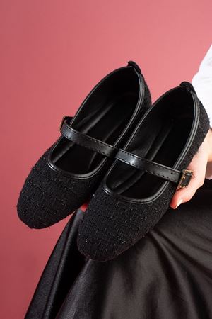 Minerva Siyah Simli Kumaş Gold Tokalı Kemer Bantlı Babet