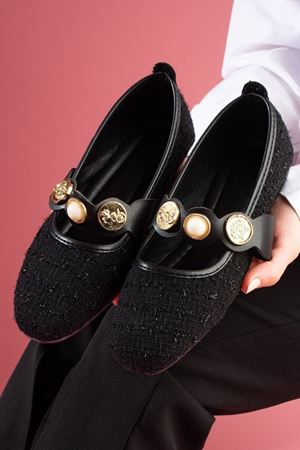 Modena Siyah Simli Kumaş İnci ve Mühür Detaylı Bantlı Babet