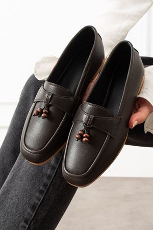 Padova Kahverengi Cilt Püsküllü Ahşap Boncuk Detaylı Loafer Babet Günlük Ayakkabı