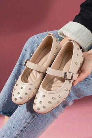 Argent Bej Cilt Kristal Zımba Taşlı Kemerli Premium Babet