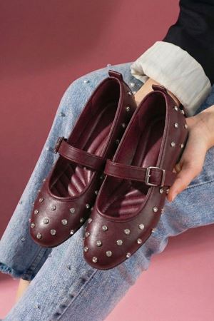 Argent Bordo Cilt Kristal Zımba Taşlı Kemerli Premium Babet