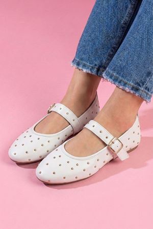 Kroma Beyaz Cilt Metal Mini Troklu Kemerli Premium Babet