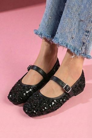 Solaro Siyah Pullu Payetli Nikel Tokalı Tek Bant Babet