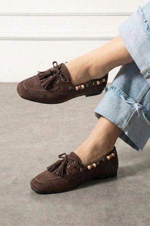 Tessora Kahverengi Süet Boncuk Detaylı Püsküllü Bağcıklı Loafer Babet Günlük Ayakkabı
