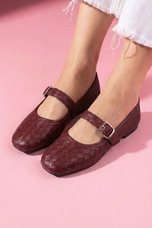 Toledo Bordo Cilt Örgü Dokulu Nikel Tokalı Kemer Bantlı Babet