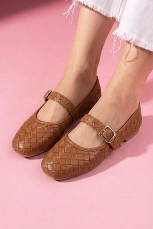 Toledo Taba Cilt Örgü Dokulu Nikel Tokalı Kemer Bantlı Babet