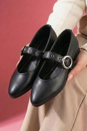 Allegra Siyah Cilt Nikel Halka Tokalı Kemer Bantlı Babet