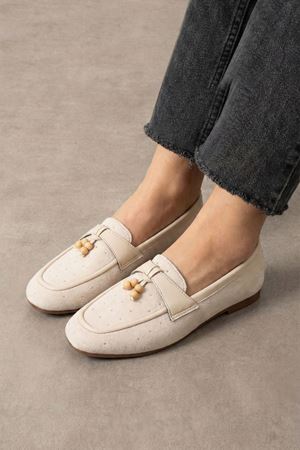 Padova Bej Mini Taşlı Püsküllü Ahşap Boncuk Detaylı Loafer Babet Günlük Ayakkabı