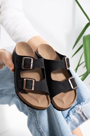 Arona Siyah Nubuk Çift Bantlı Ortopedik Mantar Taban Premium Terlik