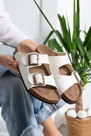 Arona Beyaz Nubuk Çift Bantlı Ortopedik Mantar Taban Premium Terlik