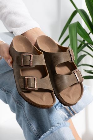 Arona Vizon Nubuk Çift Bantlı Ortopedik Mantar Taban Premium Terlik