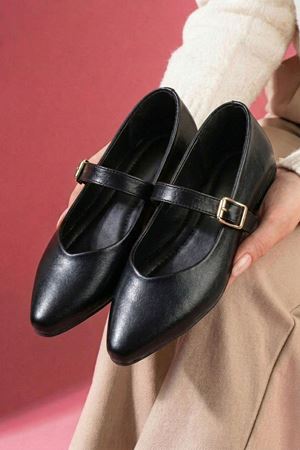 Marion Siyah Kırışık Rugan Gold Tokalı Kemerli Sivri Kalıp Babet