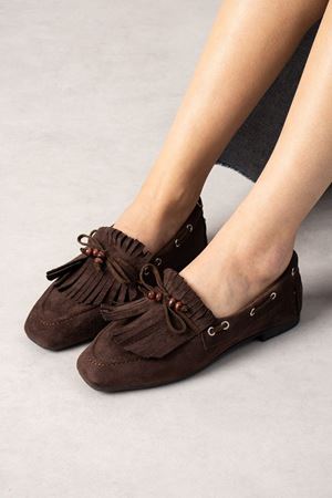 Ravello Kahverengi Süet Boncuk Detaylı Püsküllü Bağcıklı Loafer Babet Günlük Ayakkabı