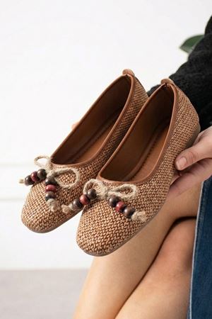 Oasis Taba Hasır Örgü Dokulu Fiyonklu Ahşap Boncuk Detaylı Babet