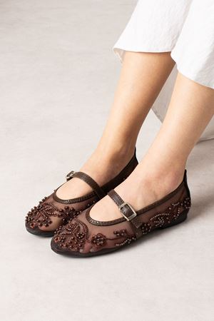 Kaira Kahverengi Tül Nakışlı Boncuk İşlemeli Kemerli Premium Babet