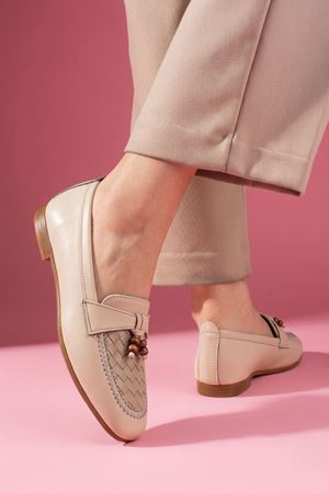 Novera Bej Örgü Dikiş Saraçlı Boncuk Püsküllü Loafer Babet Günlük Ayakkabı 