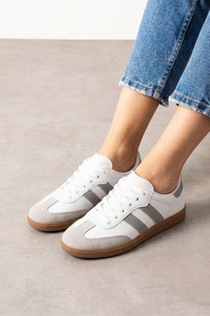 Fortuna Beyaz Gri Şeritli Bağcıklı Spor Sneaker Ayakkabı