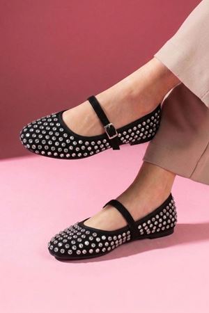 Margot Siyah Süet Kristal Taş İşlemeli Nikel Tokalı Kemer Bantlı Babet