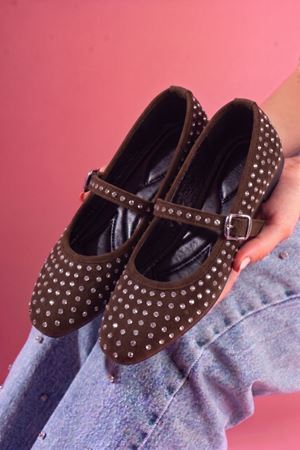 Gemma Kahverengi Süet Kristal Taş İşlemeli Nikel Tokalı Kemer Bantlı Babet