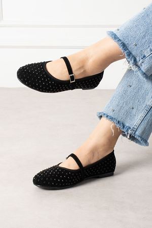 Margot Siyah Süet Taş İşlemeli Nikel Tokalı Kemer Bantlı Babet