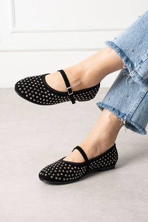 Margot Siyah Süet Platin Taş İşlemeli Nikel Tokalı Kemer Bantlı Babet