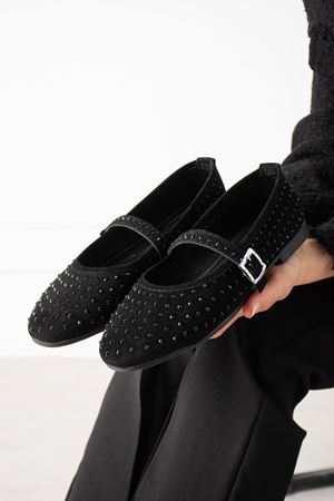 Gemma Siyah Süet Taş İşlemeli Nikel Tokalı Kemer Bantlı Babet